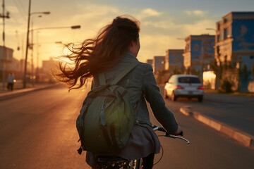 A beautiful young adult of Mongolianformal woman riding her bicycle to work, a backside portrait of a woman commuting on a bicycle on a sunny day in an urban street at sunset 