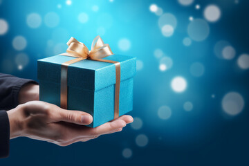  romantic blue background with male hands holding a wrapped gift box seen from a low angle for a birthday 