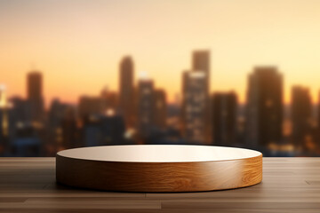 An empty round wooden podium set amidst a city and minimalist background a product display background or wallpaper concept with front-lighting 