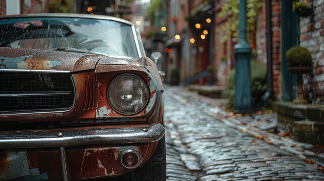 Fototapeta A rusty vintage car on a cobblestone street.
