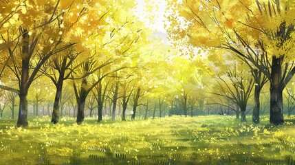 In the spring of southern China, there is an endless forest full of yellow thin trees with flowers- - obrazy, fototapety, plakaty