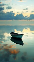 Solitary boat on calm water at sunset