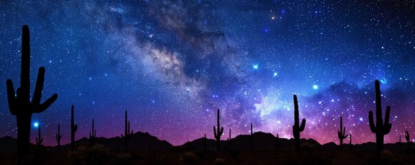 Starry night sky over desert cacti - obrazy, fototapety, plakaty