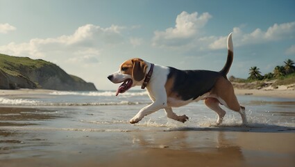 A joyful beagle runs on a sunny beach, with waves crashing, green hills, tropical trees, and a clear blue sky behind

