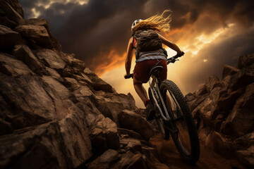 A stunning foto of a adult and Asian woman riding her bicycle on a rocky mountain, a backside portrait of a girl racing her mountain-bike on a dusty hillside full of rocks at sunset 
