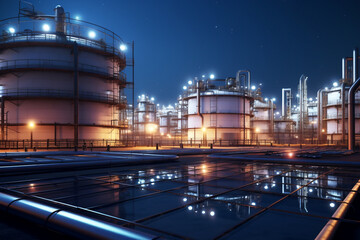  Medium shot of oil and gas terminal storage tanks of industrial plant or industrial refinery factor with a clear sky at night; in the desert the future of energy  - obrazy, fototapety, plakaty