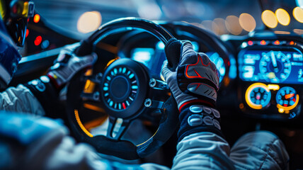 Person driving a racing car at night.