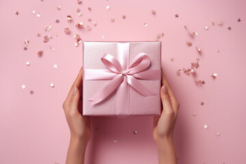  romantic pink background with woman hands holding a wrapped gift box seen from above for a birthday 