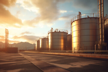  Close up of oil and gas terminal storage tanks of industrial plant or industrial refinery factor with a cloudy sky at sunset; in the desert the future of energy 
