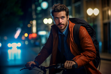 A beautiful young adult of Latin hipster man riding his bicycle to work, a backside portrait of a guy commuting on a bicycle on a sunny day in an urban street at midnight 
