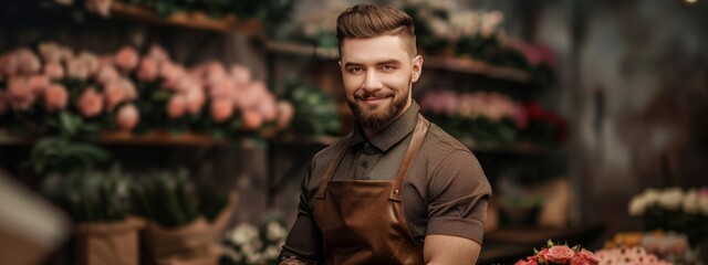 florist shop floristry service boutique salesman standing in flower store concept of florist job occupation shop owner, small business owner, floristry industry - obrazy, fototapety, plakaty