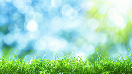 World environment day concept: green grass and blue sky abstract background with bokeh