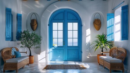 Cycladic architecture in greek island home  santorini sunset, hdr interior photography - obrazy, fototapety, plakaty