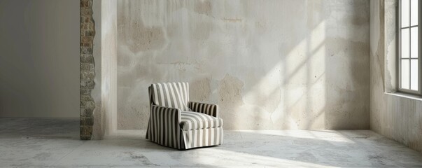 Striped armchair in a minimalist interior with sunlight