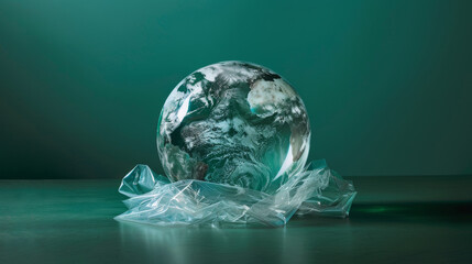 Earth globe inside a plastic bag, planet vs. plastics, pollution concept. - 775255802