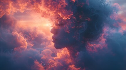 Surreal woman silhouette with clouds - obrazy, fototapety, plakaty