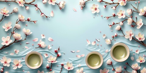 Three cups of green tea on a background of sakura and a light blue surface.
Concept: spring promotions in cafes and restaurants and tea drinking traditions - obrazy, fototapety, plakaty
