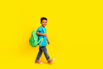 Full size photo of cheerful boy wear casual blue t-shirt hold rucksack go to school in empty space...