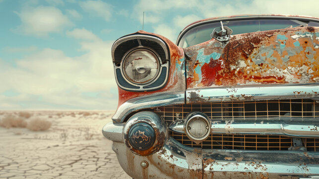 Fototapeta Rusty vintage car in a desert.