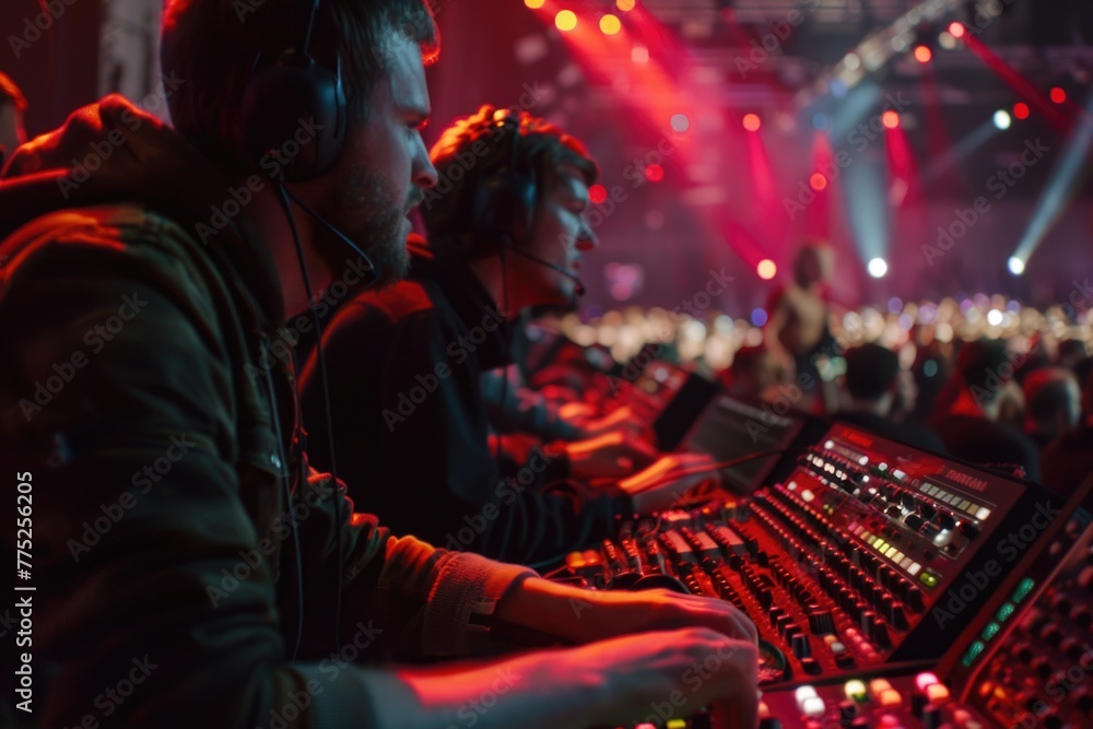 Poster a man sitting in front of a mixing desk with headphones on. suitable for music production concept