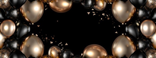 gold black balloon confetti background for graduation birthday happy new year opening sale concept, usable for banner poster brochure ad invitation flyer template