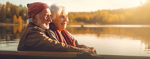 Elderly couple fishing on a serene lake - obrazy, fototapety, plakaty