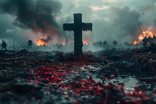 Cruz  en campo de guerra con sangre