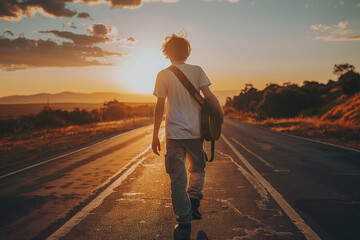 Sunset Journey - Teen with Guitar on Road. A teenage boy walks along a quiet road at sunset, guitar...