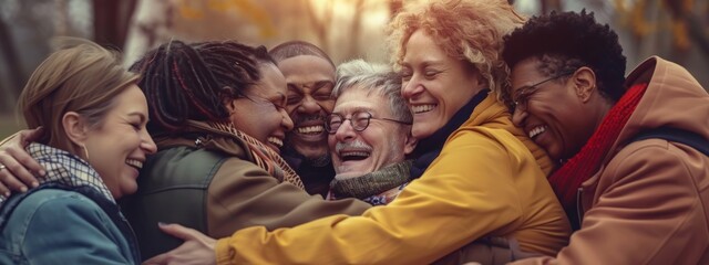 Group therapy and support. Several middle-aged men and women hug, supporting each other during psychological practice outdoor. Mental health and empathy. Empathy. - obrazy, fototapety, plakaty