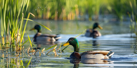 Ducks swims in the thicket of reeds on the edge of the lake with blur background