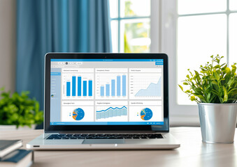 Modern Home Office with Business Analytics Display. Open laptop with business data and analytics on screen in a bright home office