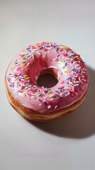 Pink glazed donut with colorful sprinkles