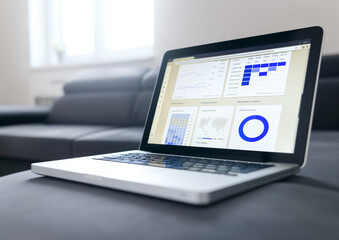 Data Analysis on a Laptop Screen. Laptop on a desk displaying a business analytics dashboard