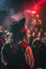 A man in a pirate costume standing in front of a crowd. Perfect for themed events or Halloween...