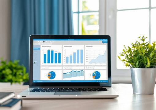 Modern Home Office with Business Analytics Display. Open laptop with business data and analytics on screen in a bright home office