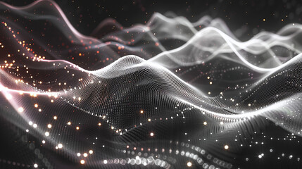 abstract visualization of wave particle background, black and white colors, tech wallpaper