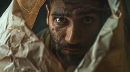 Close up of a man with a bag on his head. Suitable for mystery or crime themes