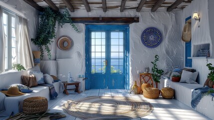Greek island home interior with traditional furniture and cycladic architecture in santorini sunset - obrazy, fototapety, plakaty