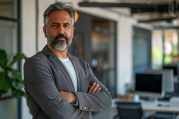 Confident Business Leader in Modern Office. Portrait of a mature, confident businessman with grey hair and a beard, standing arms crossed in a contemporary office environment.