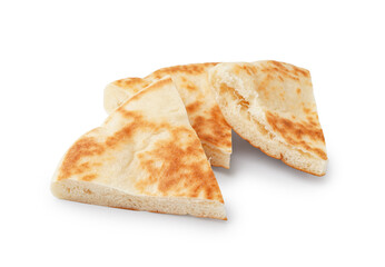 Pieces of tasty pita bread on white background