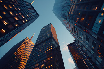 Urban Giants: Skyward View of Downtown Skyscrapers. Worm's-eye view of towering skyscrapers against the sky at dusk