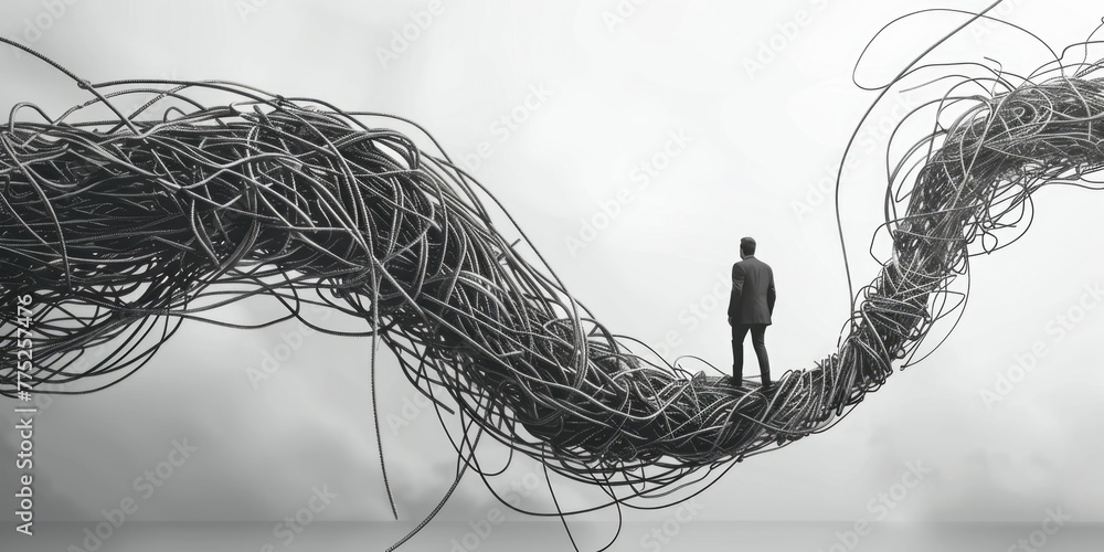 Poster a man standing on top of a pile of wires. suitable for technology concept