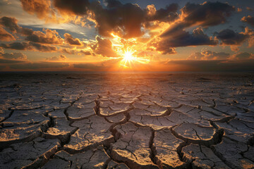 Severe drought desert landscape with cracked mud and intense sunlight, global warming concept. - obrazy, fototapety, plakaty