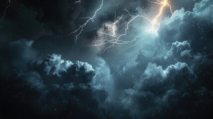 Dark sky filled with clouds and lightning. Perfect for weather or dramatic backgrounds - obrazy, fototapety, plakaty