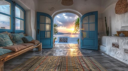 Cycladic greek island home  white walls, blue doors, traditional furniture, santorini sunset - obrazy, fototapety, plakaty