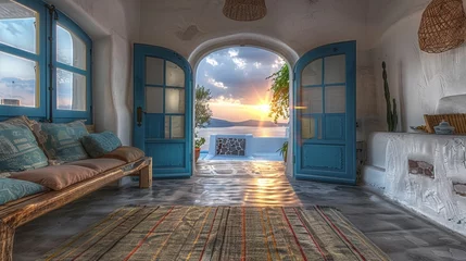Fototapeten Cycladic greek island home  white walls, blue doors, traditional furniture, santorini sunset © RECARTFRAME CH