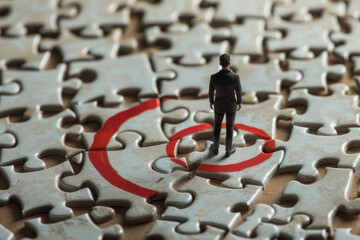 A businessman stands in the middle of a jigsaw puzzle, solution and challenge concept