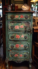 A green dresser adorned with hand-painted flowers