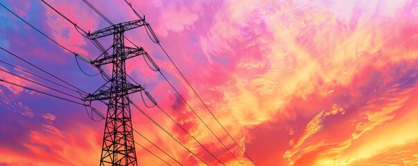 Electricity pylon against vibrant sunset sky - obrazy, fototapety, plakaty