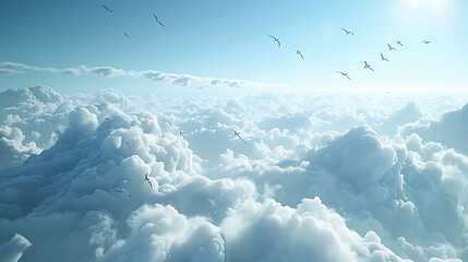 Birds soaring high above fluffy white clouds